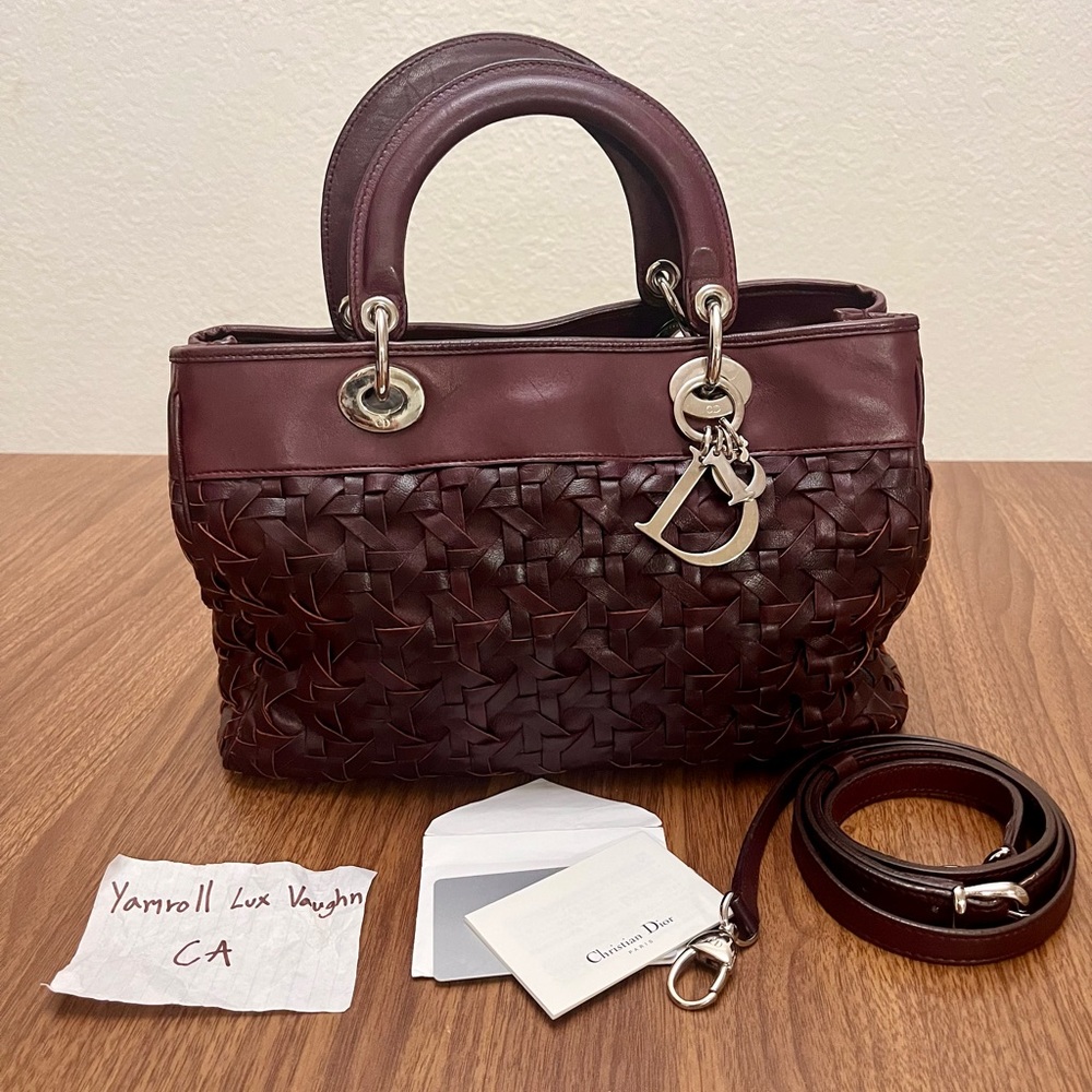 Authentic Dior Purple~ Brown Leather Woven Avenue Top
Handle Bag